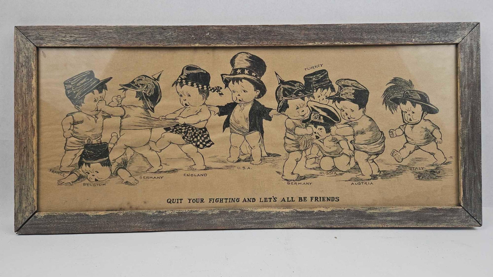 WWI Political Cartoon Print, 1915: A framed World War I political cartoon print on paper, dated 1915. The illustration depicts nations involved in the conflict personified as infants wearing military headgear or national costumes. The