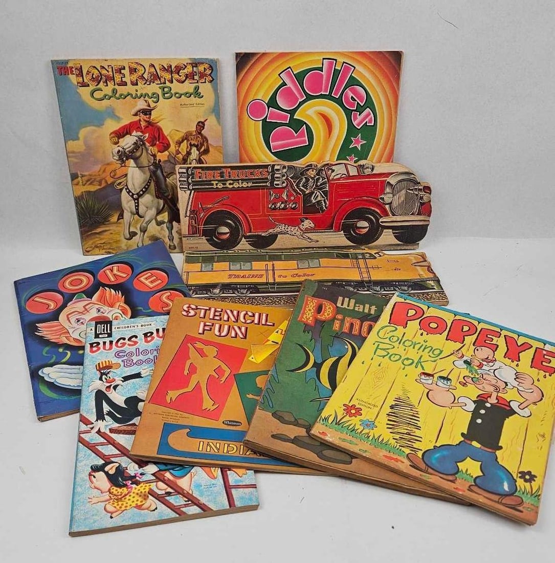 Disney & Lone Ranger Coloring Books: A collection of vintage mid-20th-century children's coloring and activity books, featuring a variety of licensed characters and themes. The group includes several softcover, staple-bound volumes from 