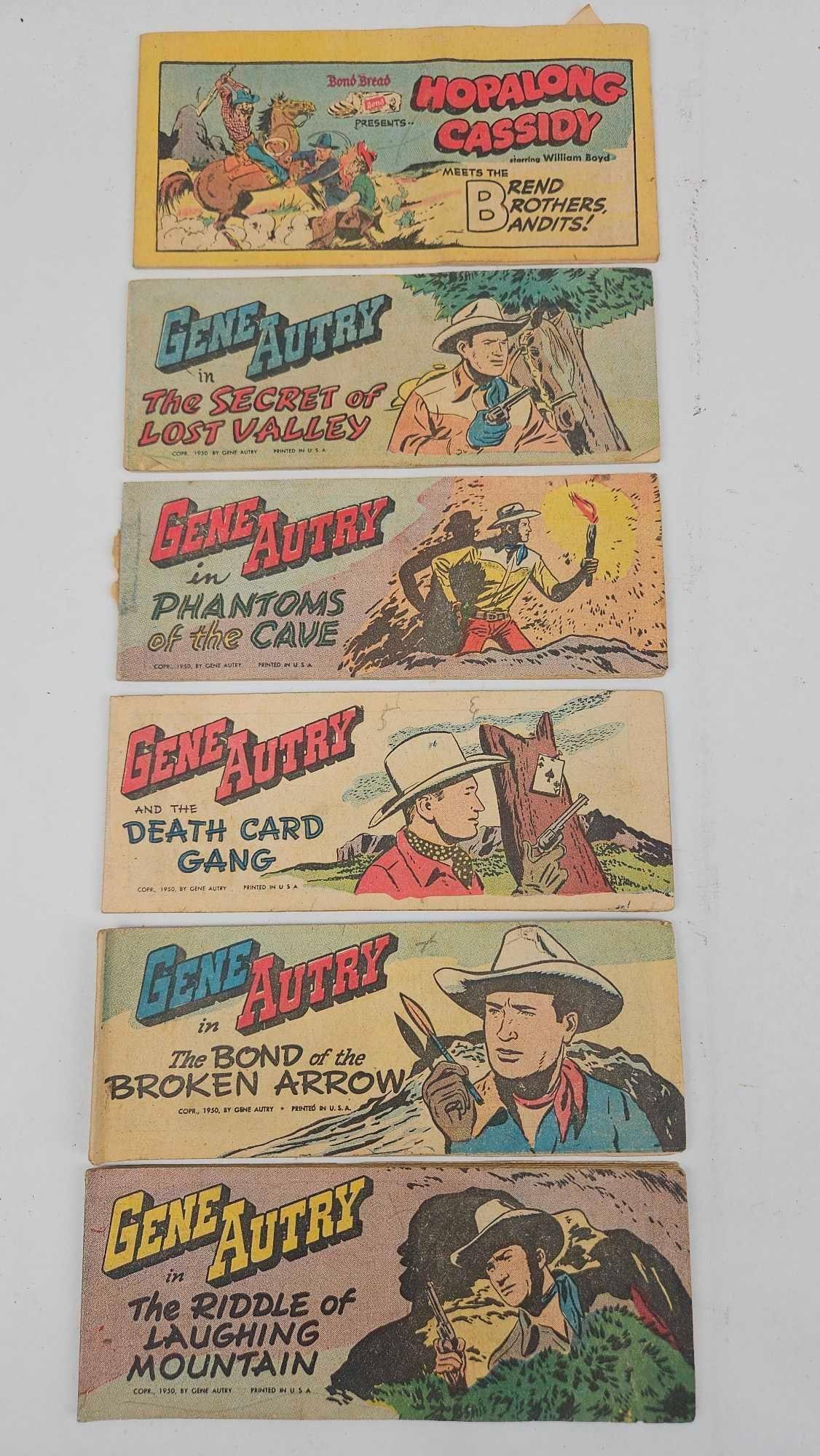 Autry & Hopalong Cassidy Comic Premiums: A collection of printed paper comic strip premiums produced in the United States, circa 1950. The group features Western media icons Gene Autry and Hopalong Cassidy, portrayed by William Boyd. Each