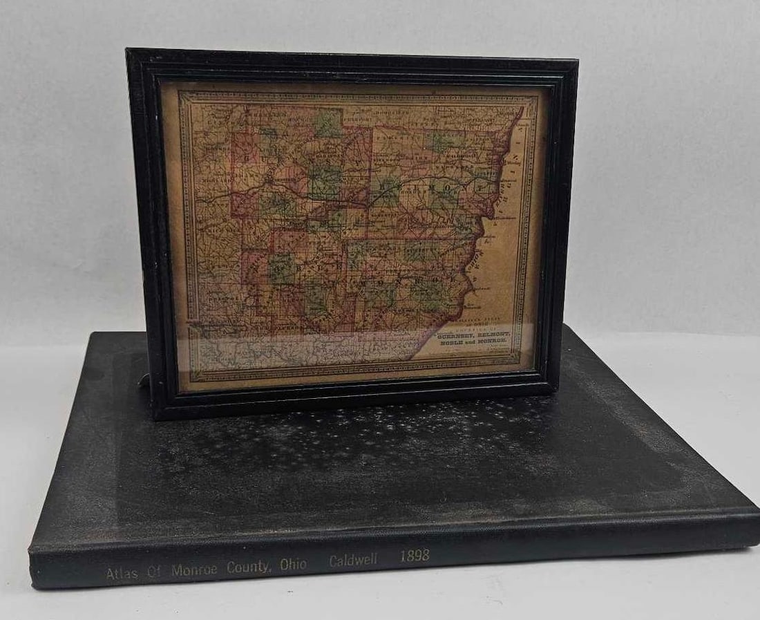 1898 Caldwell OH Atlas & Walling Map: This lot consists of two late 19th-century cartographic items focused on southeastern Ohio. The first item is a large-format hardbound volume titled Caldwell's Atlas of Monroe County, Ohio. The spine