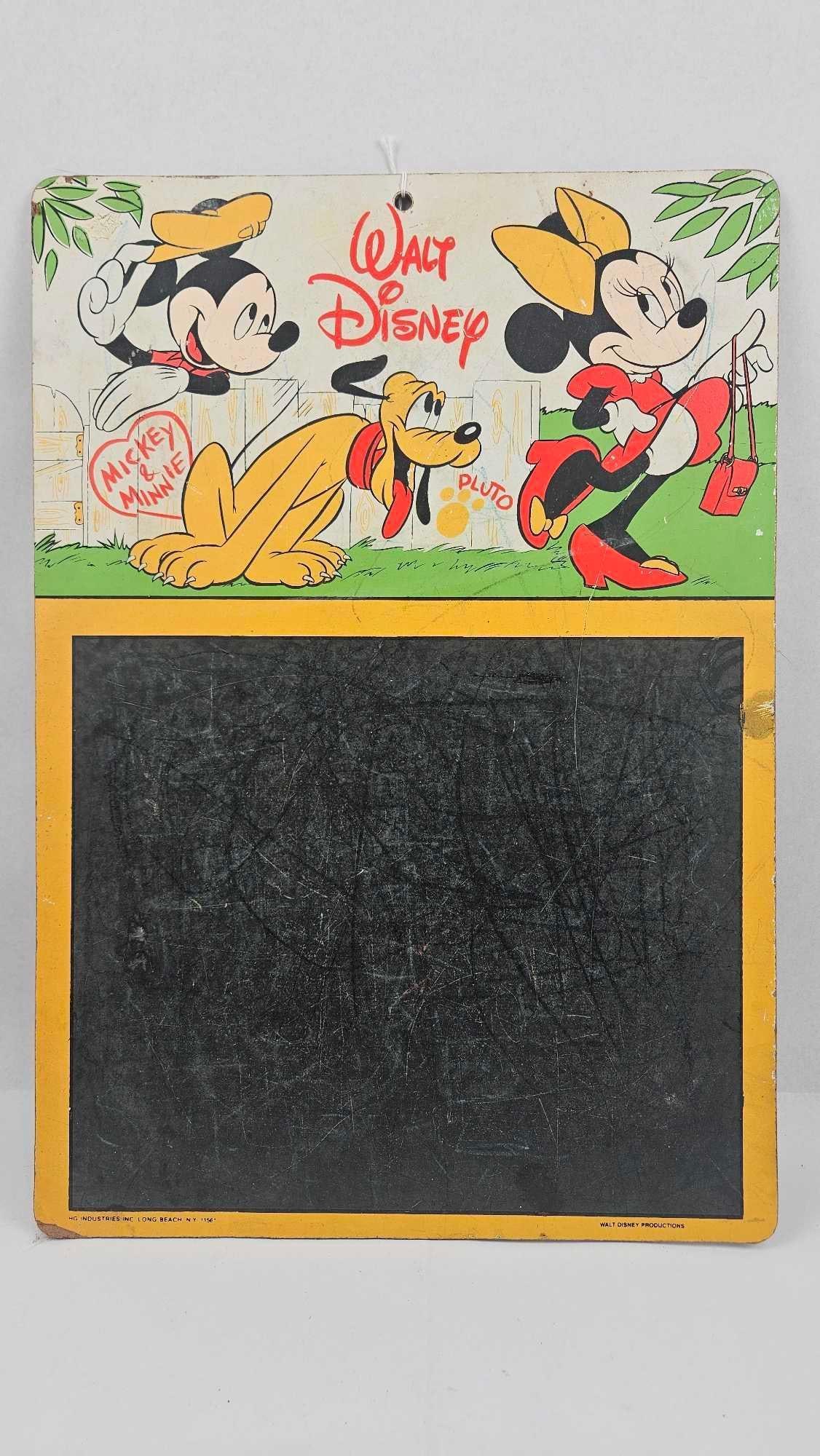 HG Industries Disney Mickey Chalkboard: A vintage children's chalkboard featuring lithographed graphics of Mickey Mouse, Minnie Mouse, and Pluto. The rectangular board is constructed of pressboard with a decorative paper header and a black