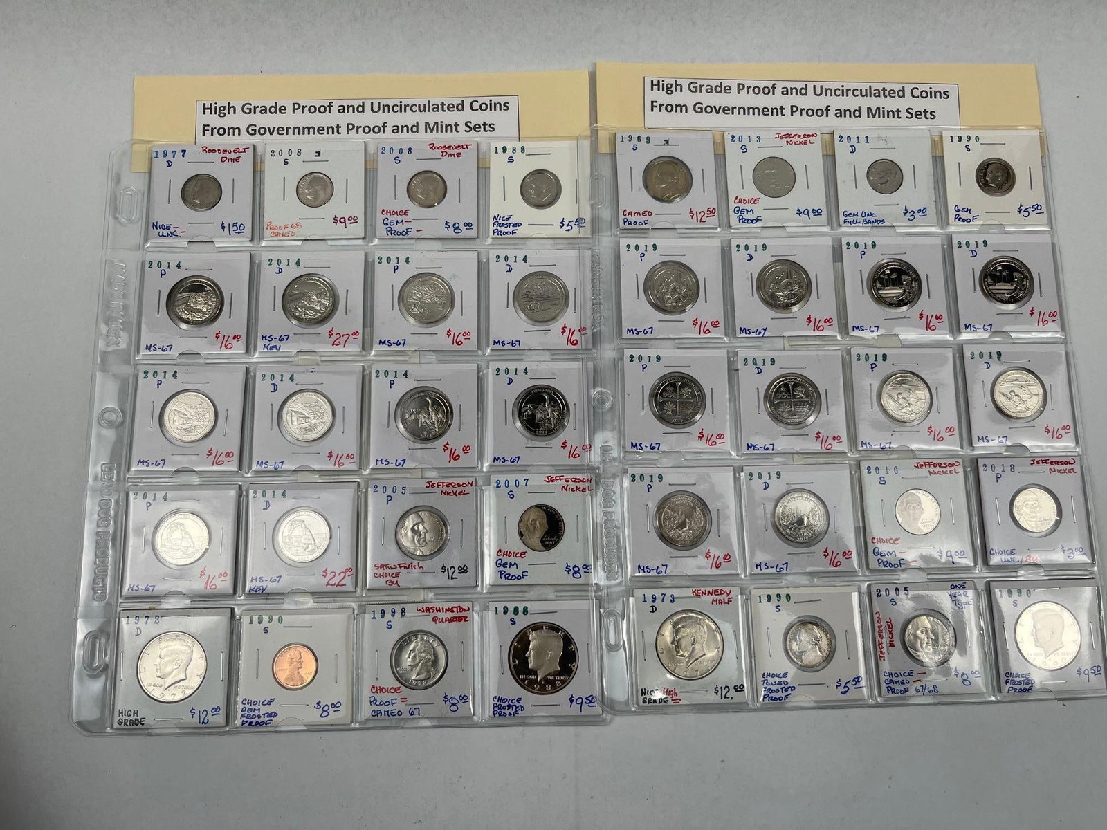 US Modern Proof & Uncirculated Coins: An assortment of United States coinage dating from 1969 to 2019, including Lincoln cents, Jefferson nickels, Roosevelt dimes, Washington quarters from the America the Beautiful series, and Kennedy