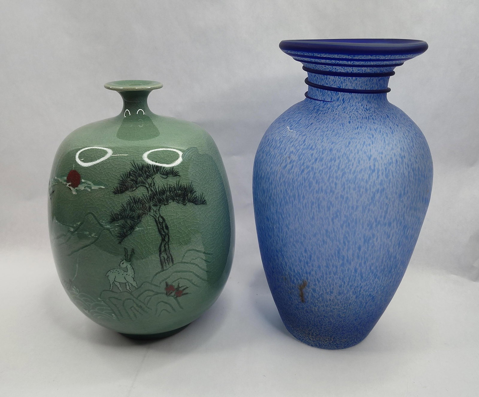 Pair Vases: Celadon & Art Glass (1 of 7)