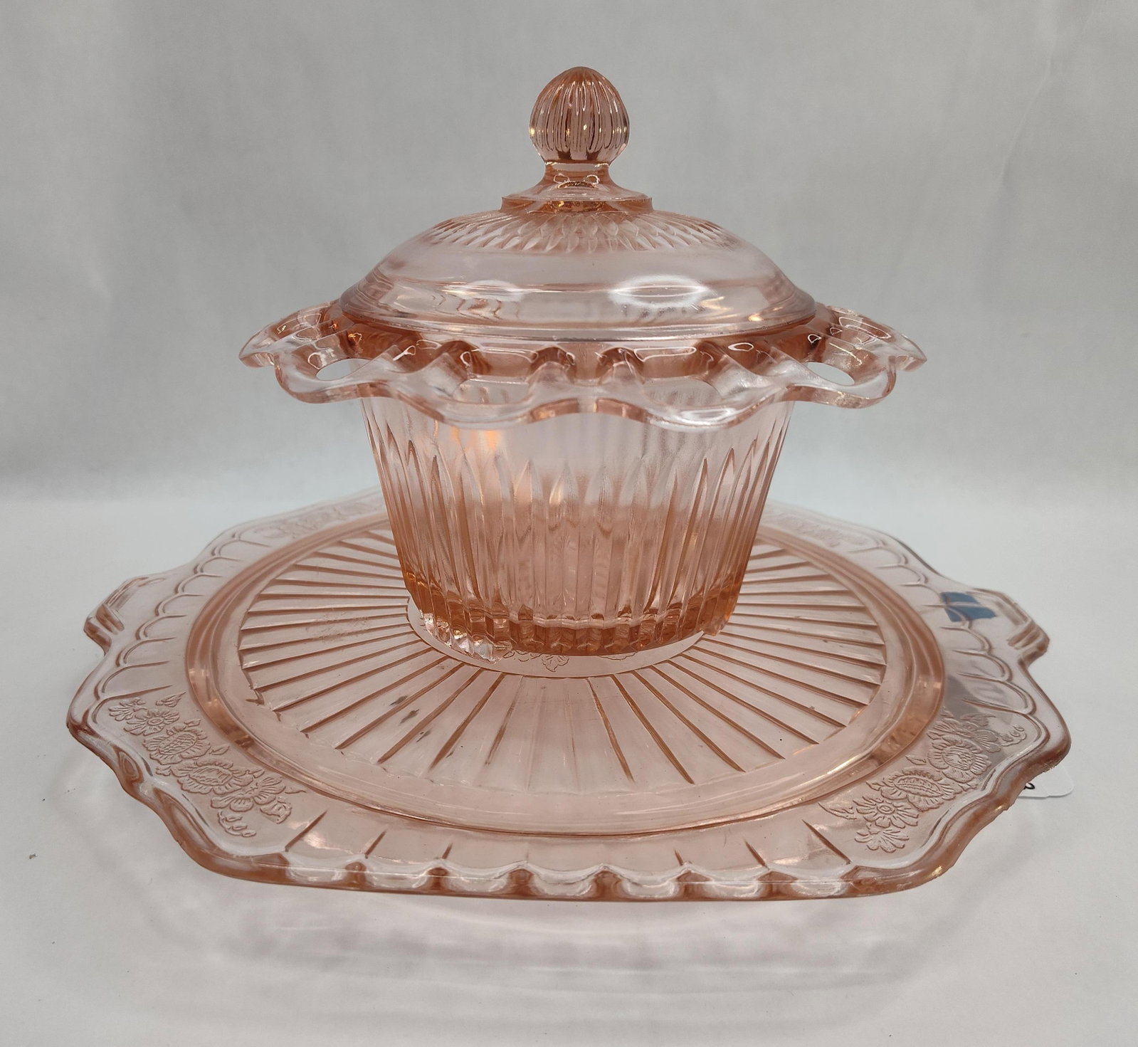Pair Pink Glass Sugar Bowl & Cake Plate (1 of 4)
