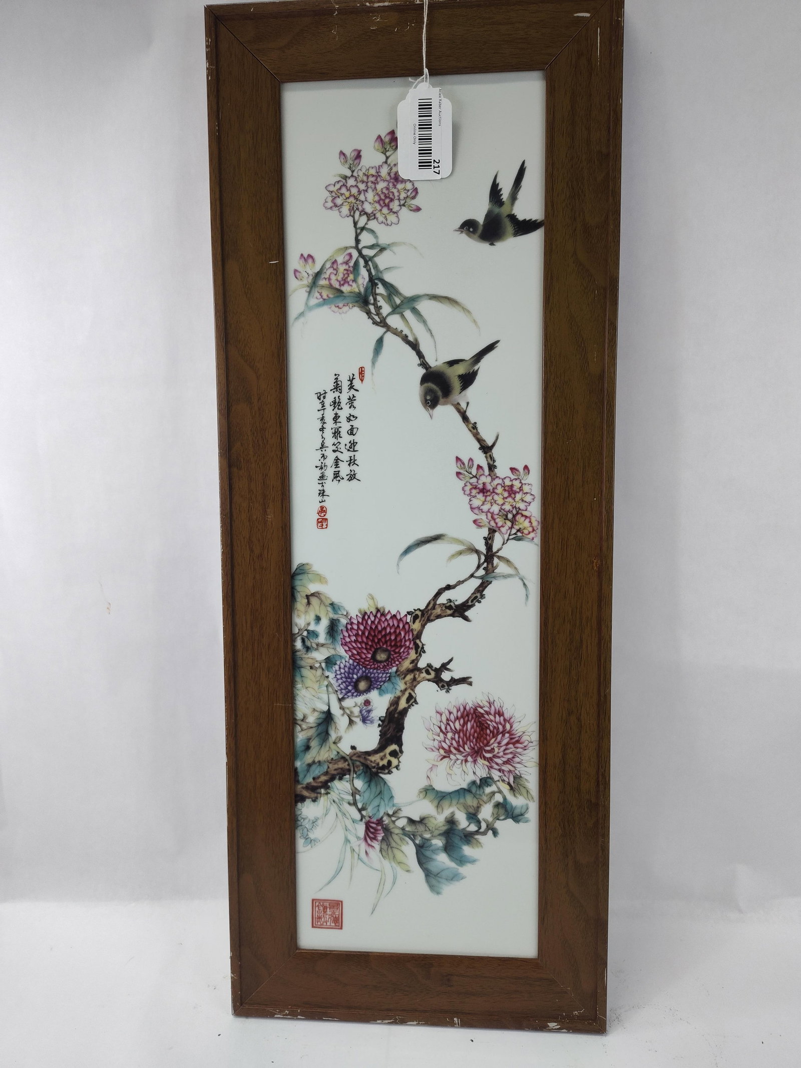 Chinese Famille Rose Porc. Bird Plaque: A vertical Chinese porcelain plaque decorated in the famille rose palette, featuring a traditional bird and flower scene. The composition depicts two birds, characterized by black, white, and yellow