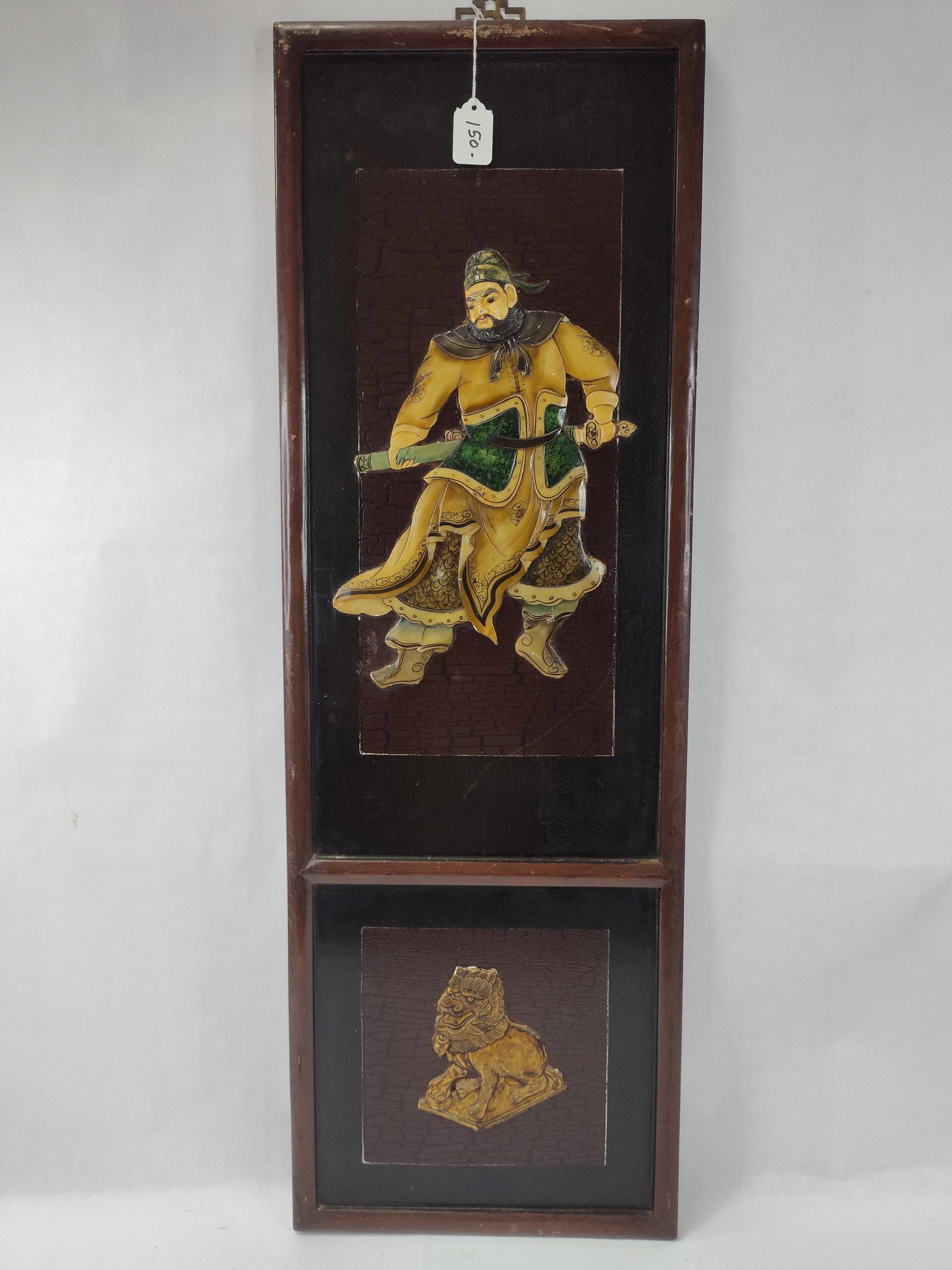 Chinese Wood Plaque w/ Relief Figures: A vertical Chinese-style wall plaque featuring a two-panel construction set within a dark-stained wood frame. The primary upper panel contains a high-relief polychrome-glazed figure of a bearded