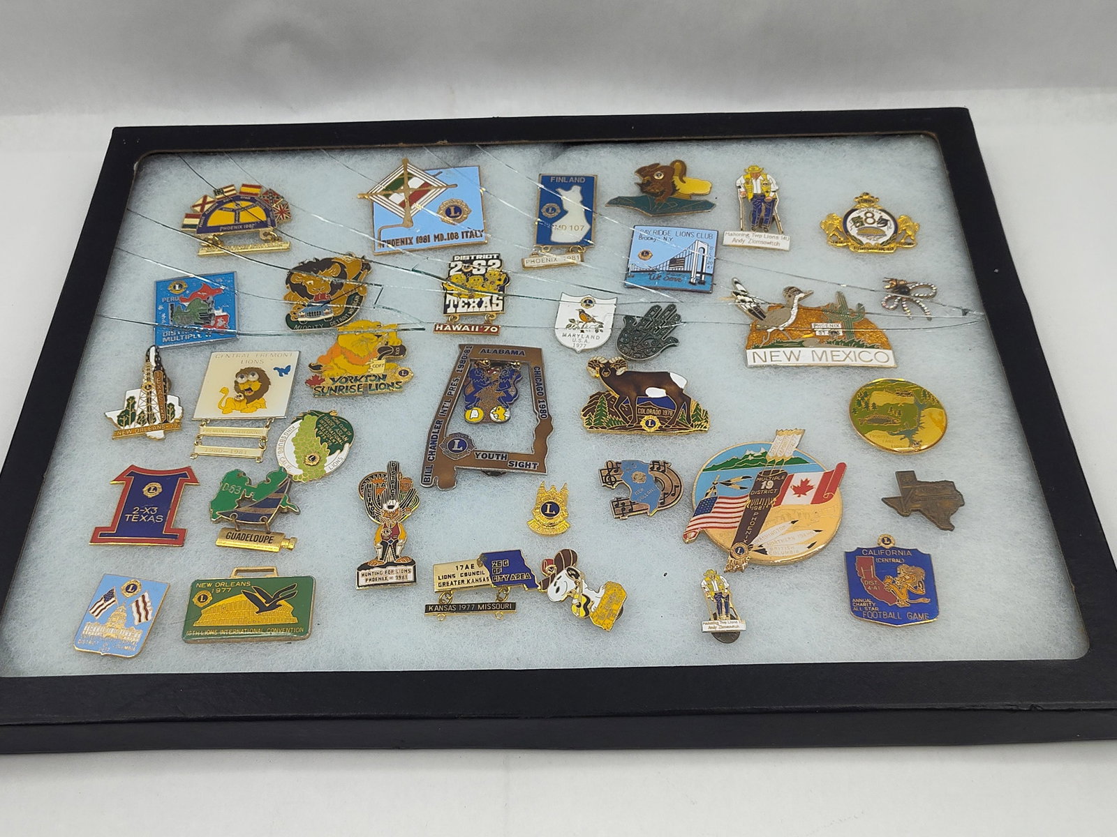 Lions Clubs Enameled Pins, Set: An assortment of enamel lapel pins primarily commemorating Lions Clubs International events and regional chapters, dating between 1970 and 1981. The collection features a variety of designs including
