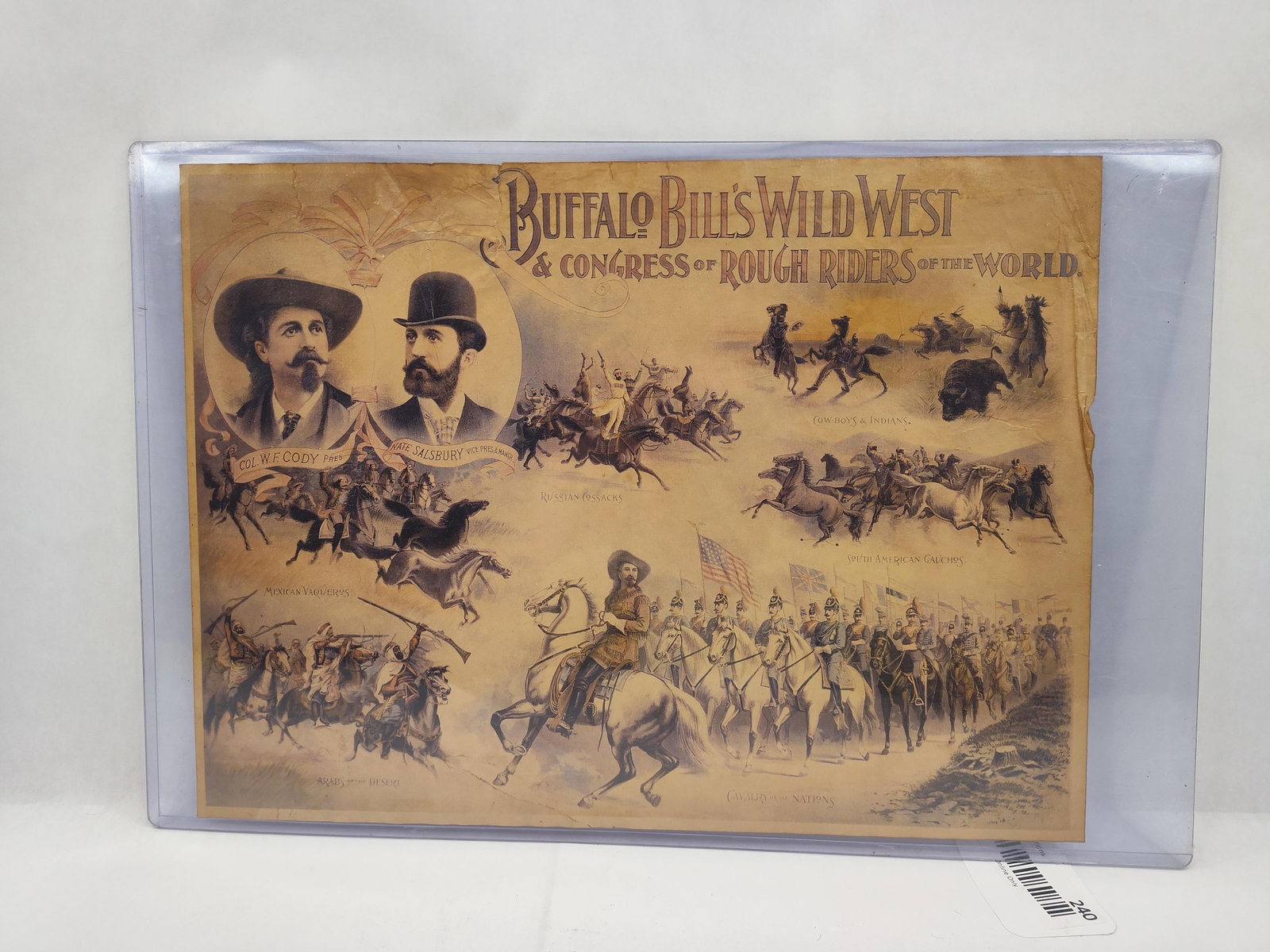 Buffalo Bill's Wild West Litho Poster: A lithographic advertising poster on paper for Buffalo Bill's Wild West & Congress of Rough Riders of the World. The composition features a central equestrian portrait of William F. Cody in fringed