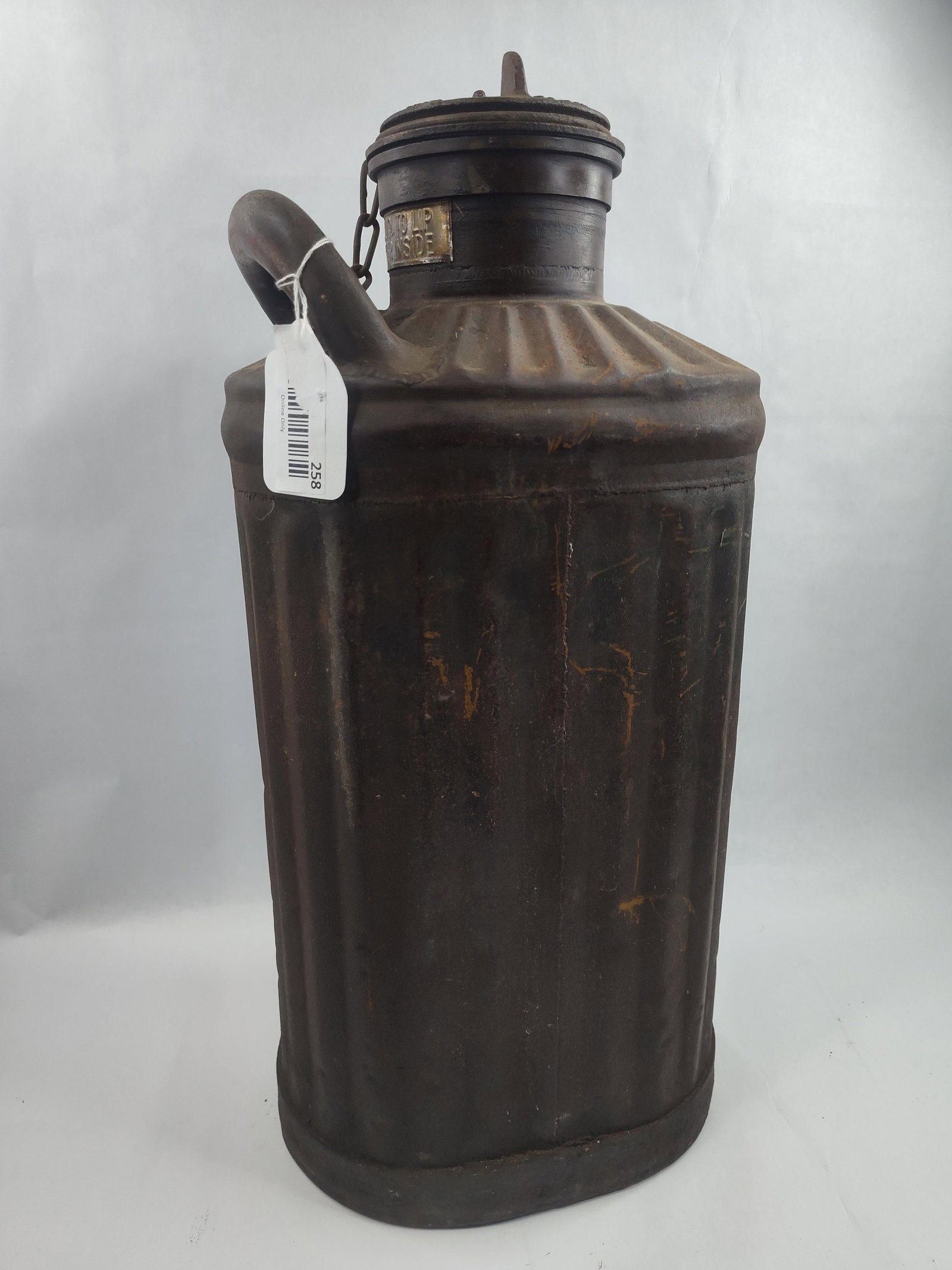 Davis Welding 5 Gal. Sohio Fuel Can: This industrial five-gallon liquid transport canister is constructed of heavy-gauge metal with a ribbed cylindrical body and a reinforced base rim. The vessel features a sloped shoulder leading to a