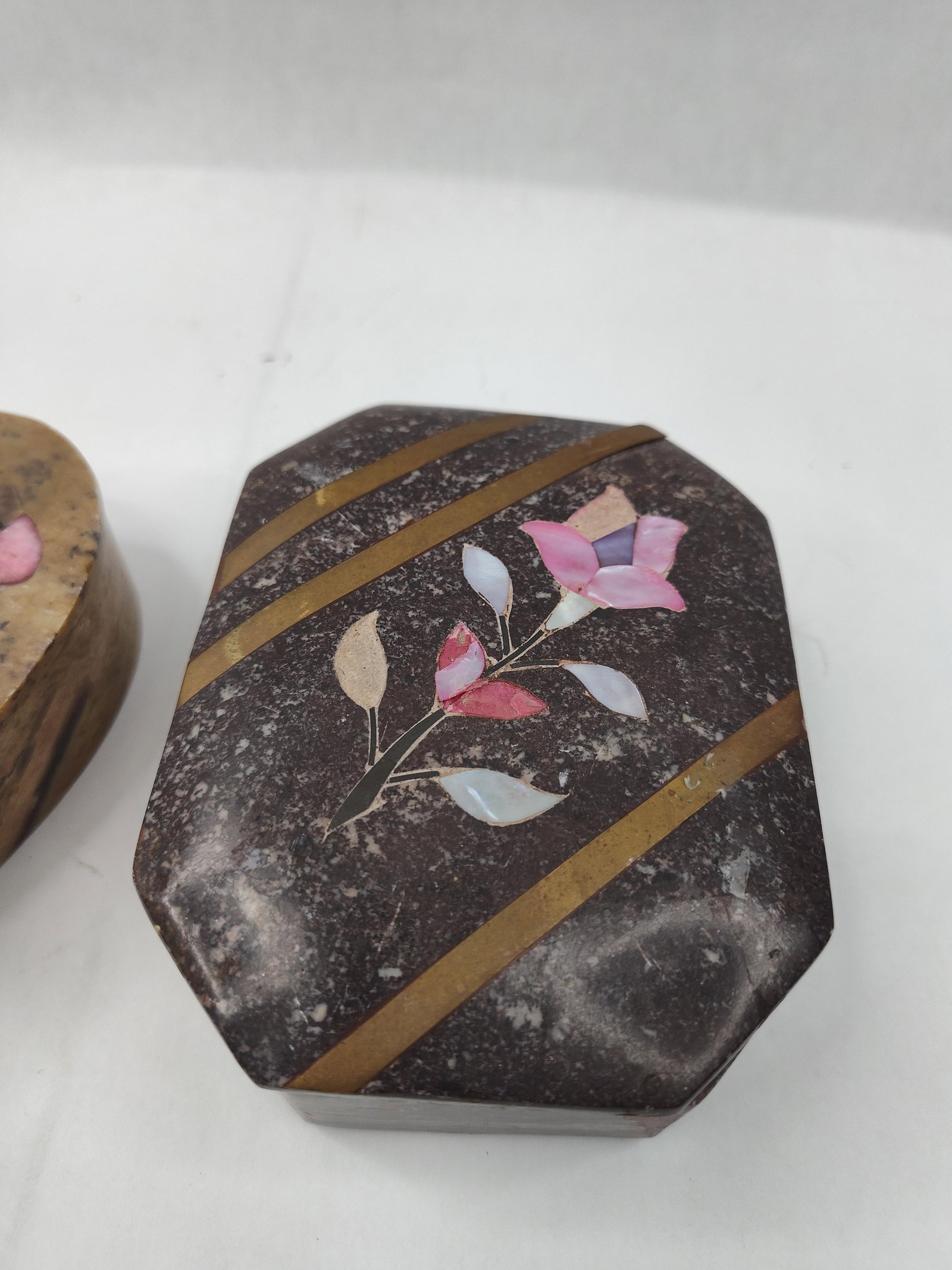 Pair Indian Carved Stone & Shell Boxes - 3