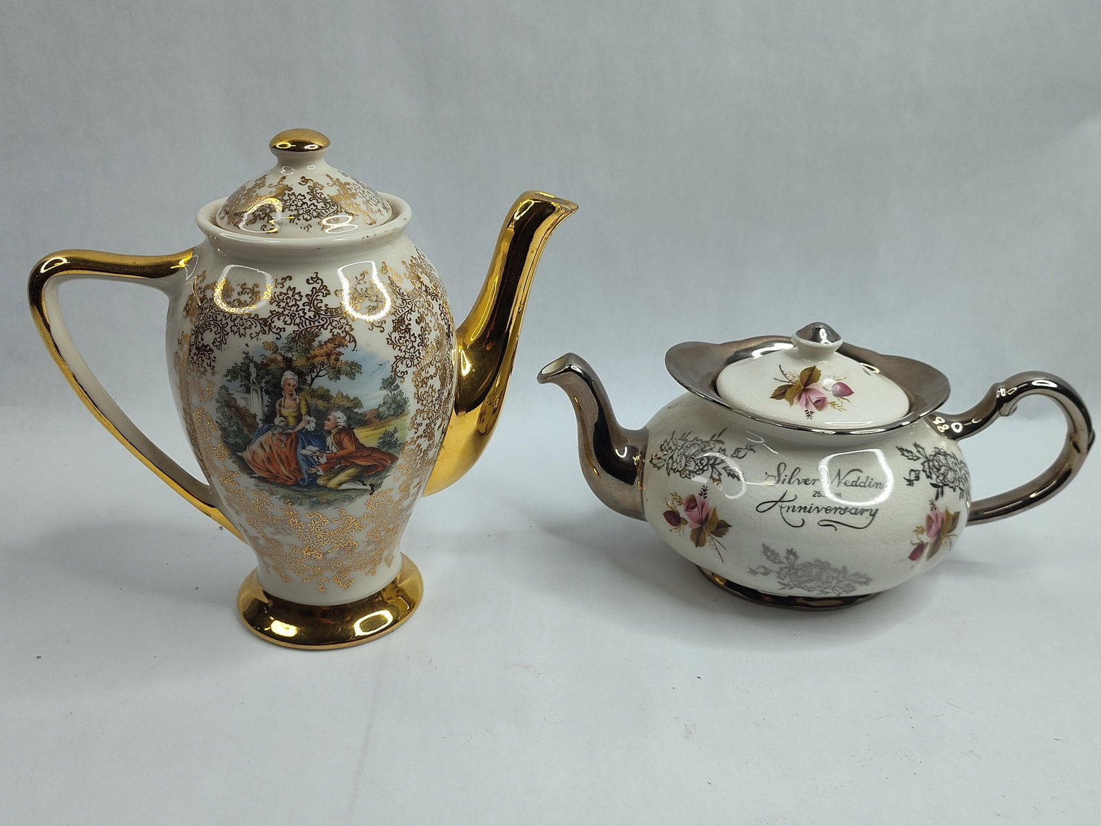 Pair Ceramic Teapots w/ Gold & Silver (1 of 8)