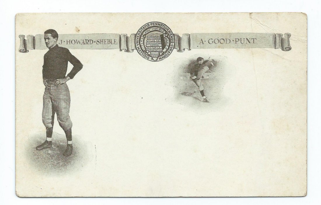1906 Univ of Penn Football Player Post Card J Sheble: This lot is for a 1906 University of Pennsylvania Football Player J. Howard Sheble Post Card. The postcard is not postally used, and was made by the University Post Card Company of Andover Massachuset