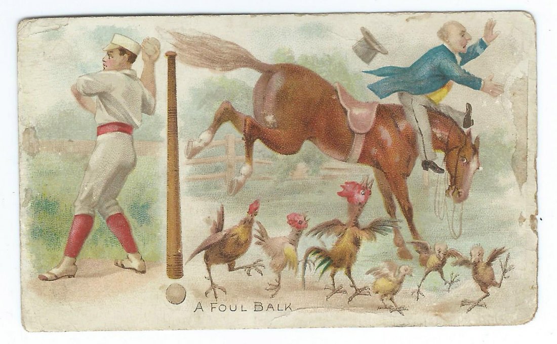 1888 N135 Duke "Talk of the Diamond" Baseball Card #1: This lot is for a 1888 N135 Duke "Talk of the Diamond" Baseball Card entitled "A Foul Ball". The card is blank backed. See scans for condition details.