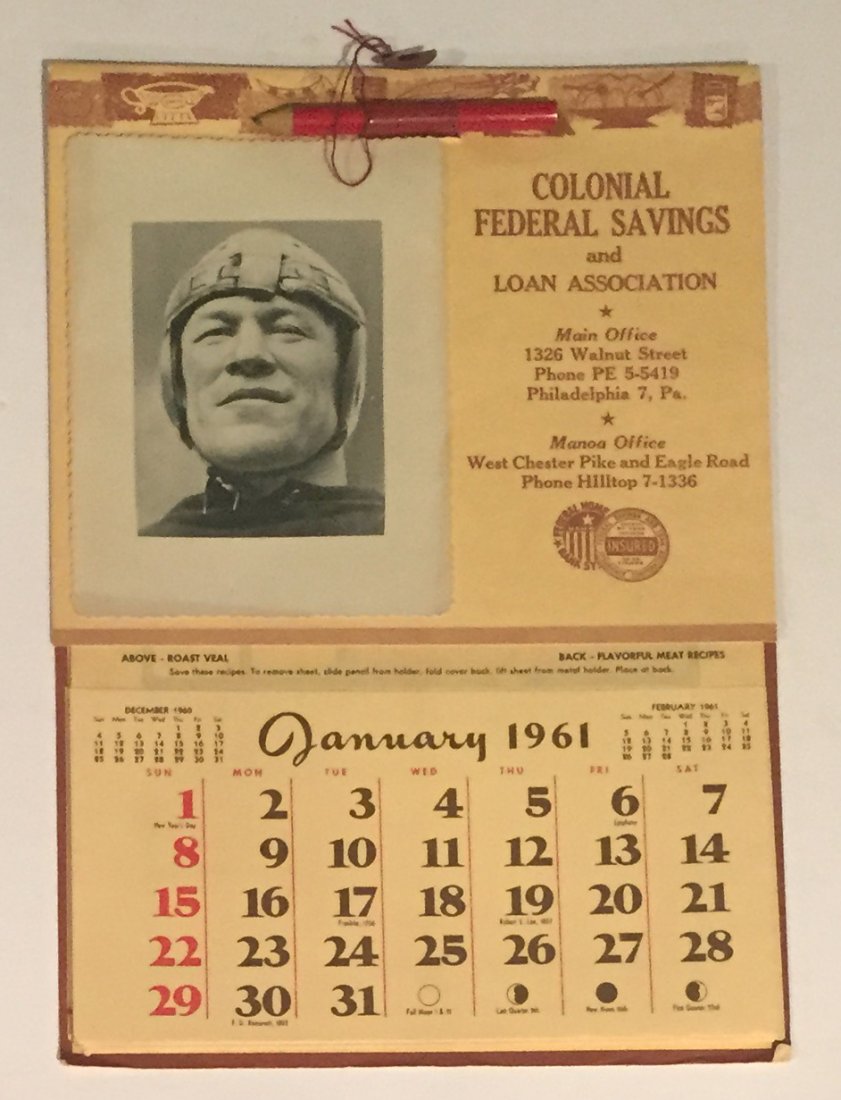 Vintage 1961 Jim Thorpe Football Themed Calendar: This lot is for a 1961 Calendar with a vintage photo of Jim Thorpe on its cover. The calendar is in very nice condition, and has a closeup image of Jim Thorpe wearing an early aviator style football h