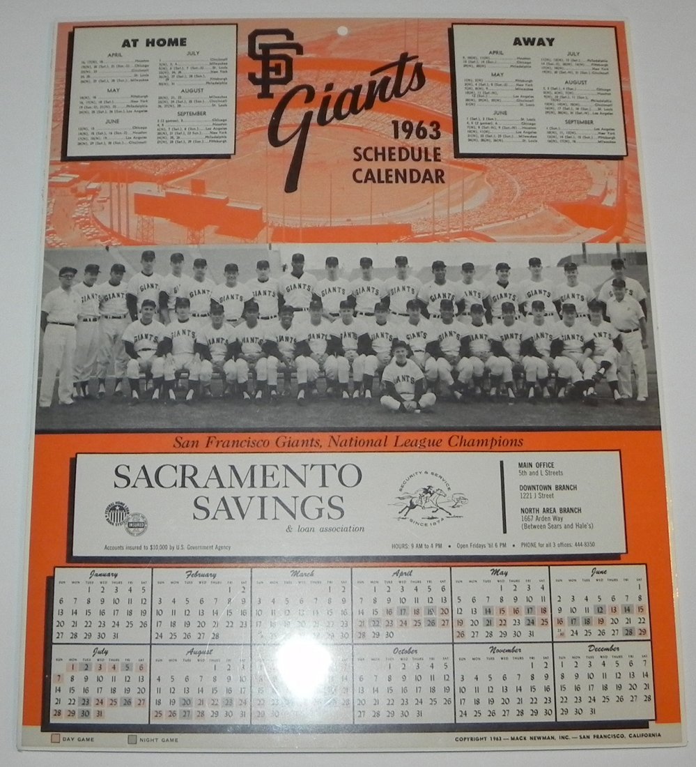 Large 1963 San Fran Giants Baseball Schedule Calendar: This lot is a large 1963 San Francisco Giants Schedule / Calendar Poster. The piece has been professionally shrinkwrapped (easily removed) to protect its exellent condition. It measures just over 17 i