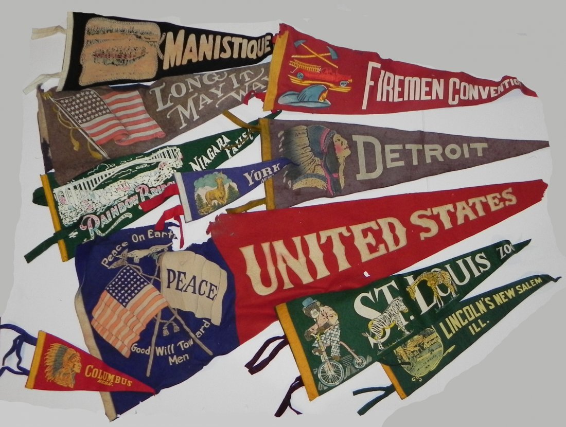 10 Vintage Pennants USA St Louis Zoo Firemen Travel: This lot is a grouping of 10 vintage pennants. The sizes range from 11 inches long to 41 inches long. The neater ones are an attractive St Louis Zoo pennant and a Firemen Convention pennant. The overs