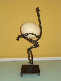 DIEGO GIACOMETTI BRONZE SCULPTURE OF OSTRICH & EGG: DIEGO GIACOMETTI BRONZE SCULPTURE OF OSTRICH & EGG Bronze sculpture depicting ostrich with egg. Diego Giacometti (SWISS/FRENCH, 1902– 1985). Signed Diego. Measures approx. 20" height + 5 1/2”