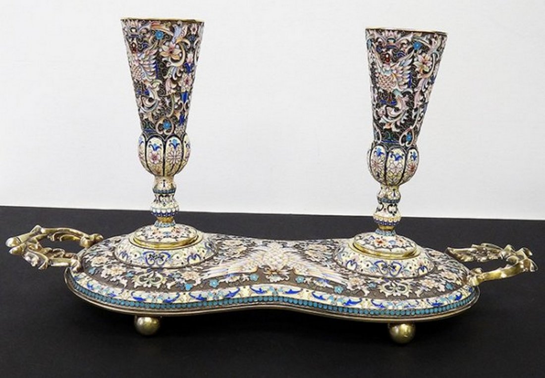 RARE RUSSIAN SILVER ENAMEL TRAY W TWO GOBLETS (1 of 8)