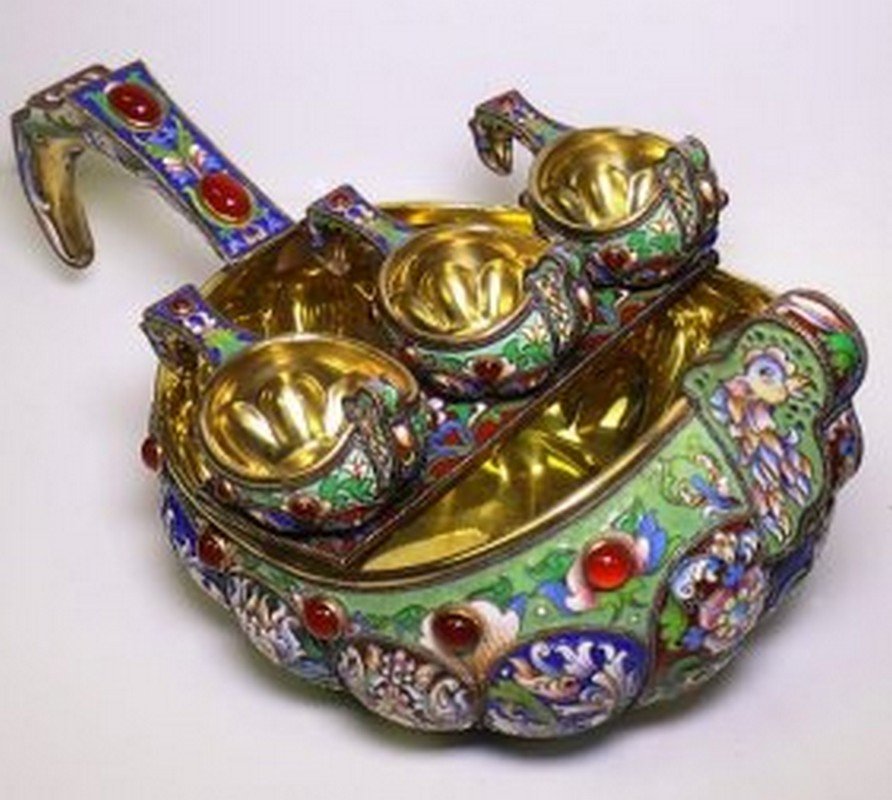 LARGE RUSSIAN RARE SILVER ENAMEL KOVSH SET (1 of 8)