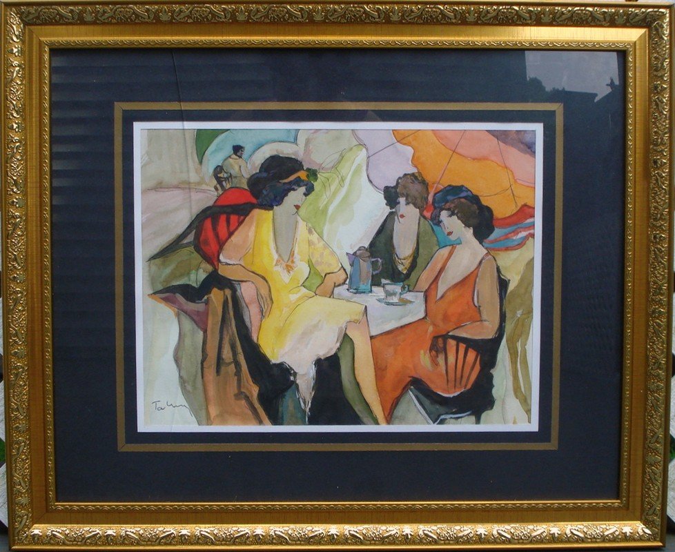 ITZCHAK TARKAY yugoslavian-israeli artist gouache on: ITZCHAK TARKAY yugoslavian-israeli artist gouache on paper Itzchak Tarkay (1935 - 2012) Yugoslavian-Israeli artist gouache on paper. This piece is framed in a Wooden Gold frame Size: 17.75" x 11.5". W