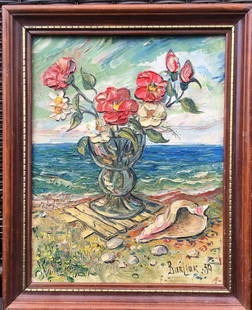 David Burliuk Russian --American Oil Painting on Board: David Burliuk (1882 1967) Russian - American oil painting on Board signed lower right had Burliuk dated 59 Also Signed on Back D. Burliuk 59 Scene depicts a Large Vase with Bouquet of Flowers