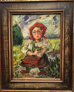 DAVID BURLIUK RUSSIAN - AMERICAN OIL PAINTING ON BOARD: David Burliuk (1882 1967) Russian - American oil painting on Board signed Burliuk. Depicts that of a Peasant Girl holding Duck in Field of Wheat. Painting Measures 13 1/4" x 10" Measures in Frame (18"