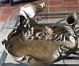MARCEL DEBUT ORIGINAL BRONZE SCULPTURE NUDE WITH FLOWER: Marcel Debut French (1865-1933) Sculpture featuring a whimsical nude figure lying down surrounded by Floral accents. The Bronze Measures 18" x 13" Bowl Shaped purchased by the Estate in the 1930's fir
