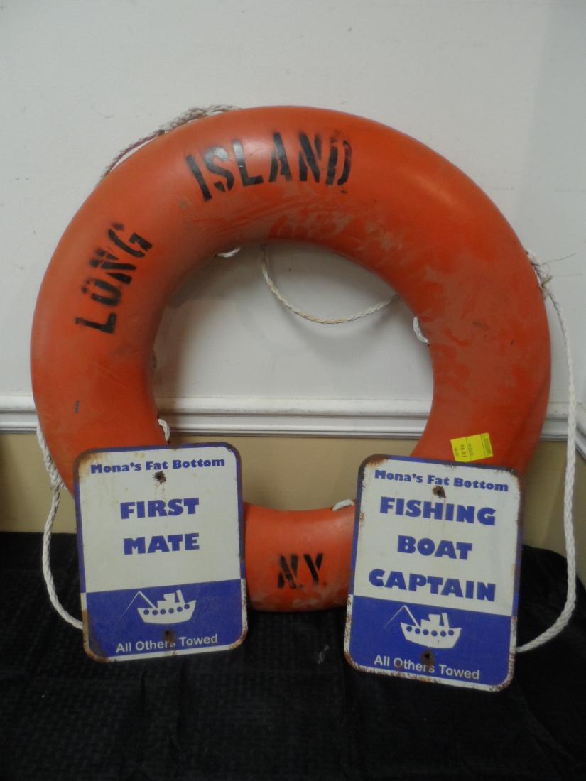 Three Piece Nautical Lot: Three piece nautical lot. Lot includes 2 metal signs for Mona's Fat Bottom Boat and vintage Long Island, NY life perserver. These were props from and estate liquidation from the TV show, Sleepy Hollow