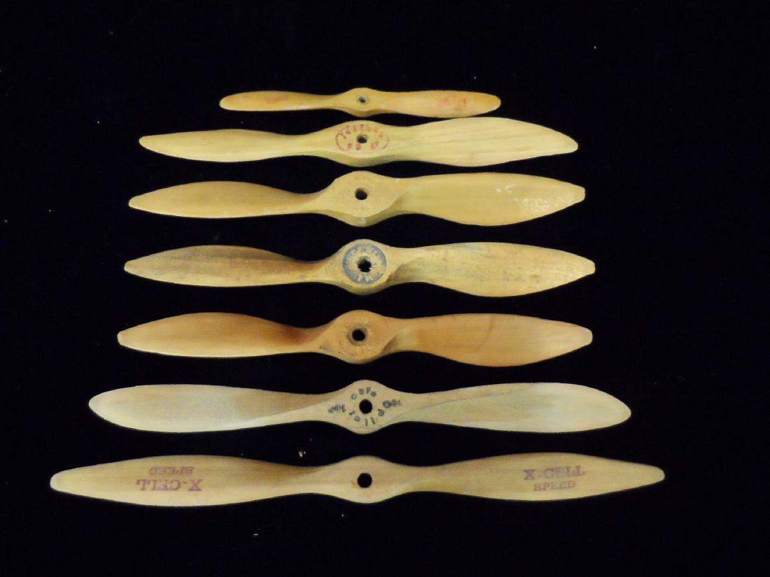 Lot of 7 Vintage Toy Wooden Propellers: Lot of 7 Vintage Toy Wooden Propellers. Props sizes range from 6-11". (1) Top Flight, (1) X-Cell Speed, (1) Testers, (1) Pilot, (2) High Trust, (1) Unknown.