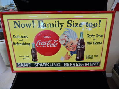 1955 Coca-Cola Sprite Boy Advertising Sign: 1955 Coca-Cola Sprite Boy Advertising Sign. Sign is housed in a color coordinating frame and matte. In excellent condition with vibrant coloring. Frame measures 40.5x25.5"