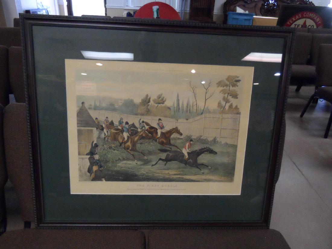 Antique Steeplechase Engraving: Antique Steeplechase engraving titled, The First Hurdle. Painted by Henry Thomas Alken, engraved by Chaz Hunt. Engraving measures 25x19", frame measures 35.5x30"