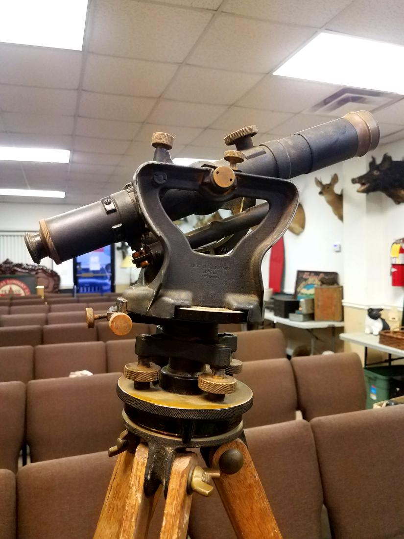 Antique Keuffel and Esser Level Surveying Instrument: Antique Keuffel and Esser level, surveying instrument with original Burger and Sons tripod. Both pieces in great condition.