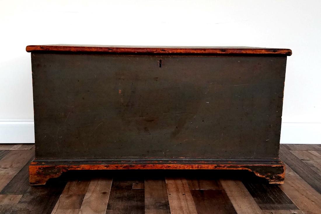 Late 18th Century Blanket Chest: Late 18th century poplar blanket chest.Chest is finished with hand cut dovetails on all four corners and rose head nails attaching the trim with the bottom being constructed of tongue and groove board