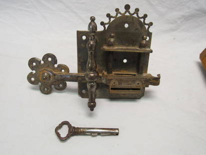 Antique Ornate French Door Lock and Key: Antique Ornate French Door Lock and Key. Maker Invencion Privilegiado. Original Key. 11" x 8"