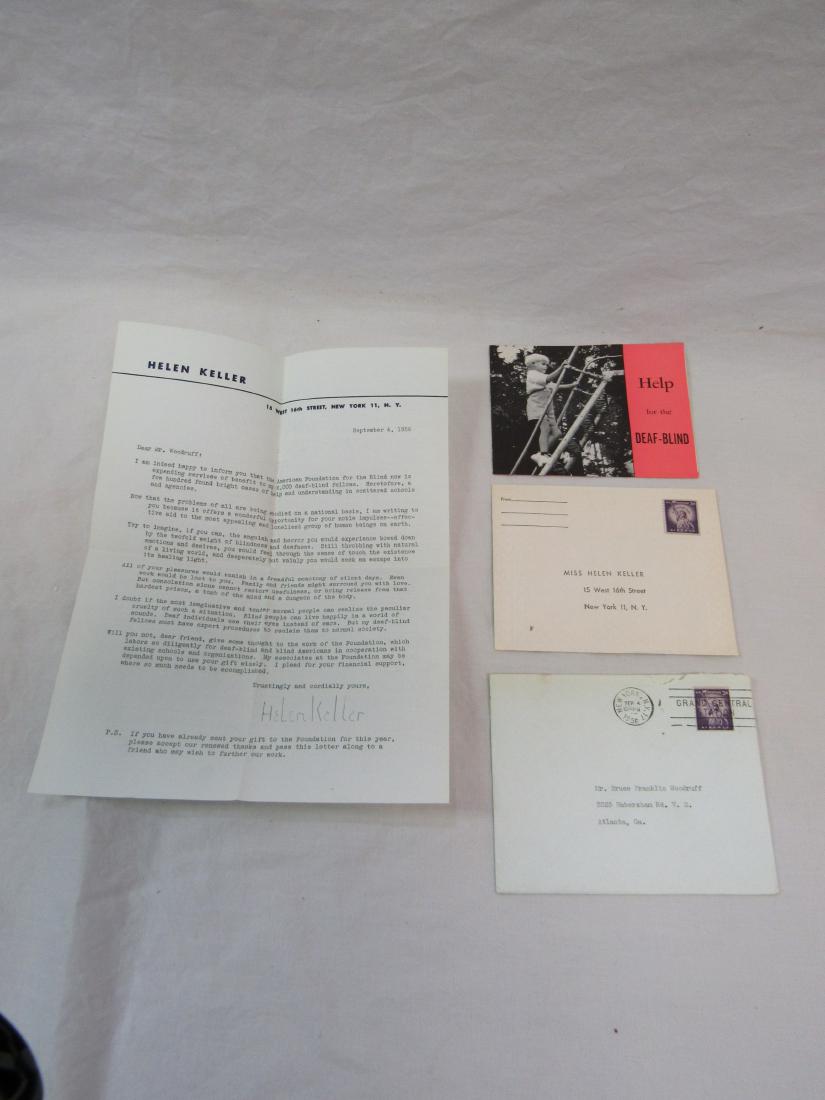 Helen Keller Signed Letter: Signed Helen Keller letter addressed to Mr. Woodruff concerning donations for the American Foundation for the Blind. Letter is dated September 4, 1956 and includes original envelope, contained letter,