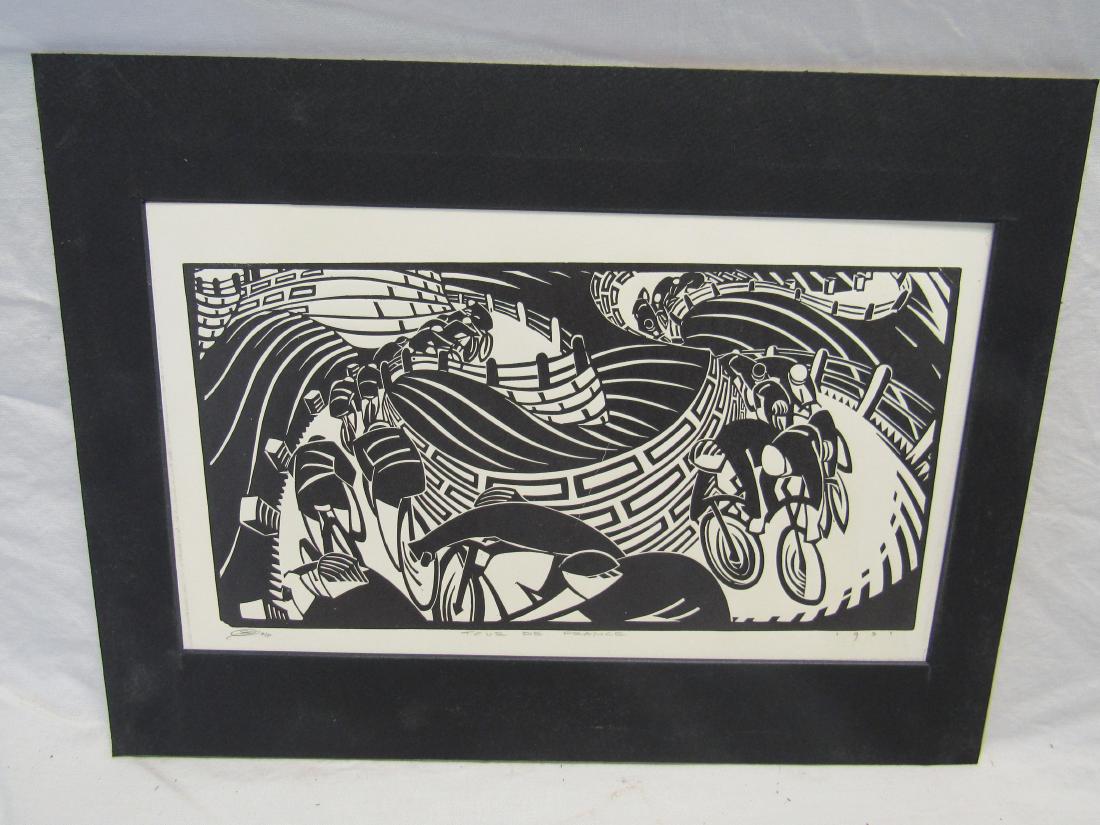 Earl Washington Wood Block Print, Tour De France: Earl Washington Wood Block Print, Tour De France. Matted measures 12x16". Signed lower left, artist proof.