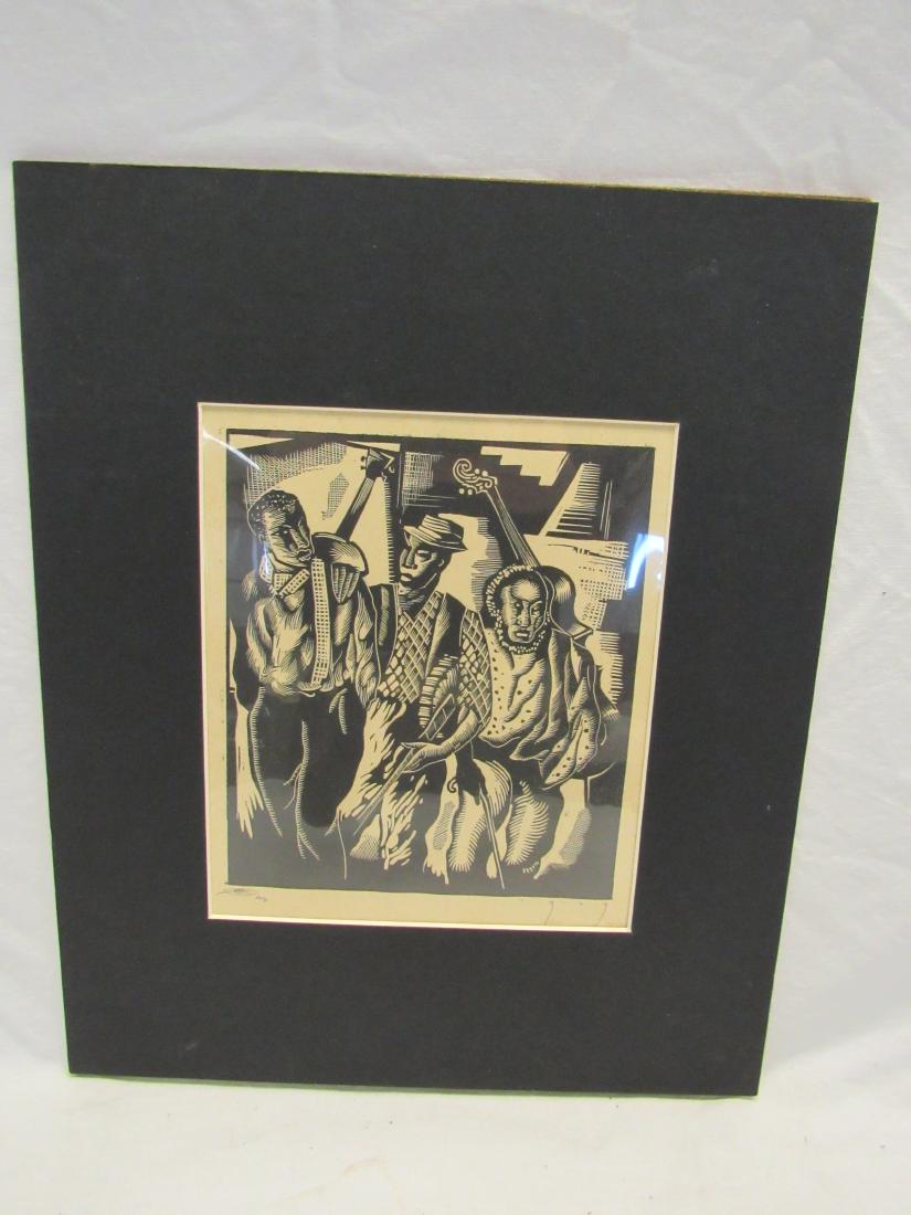 Earl Washington Wood Block Print, Untitled: Earl Washington Wood Block Print, Untitled. Depicts black American musicians. Signed lower left corner, artist proof. Matted measures 13.5x11.25"