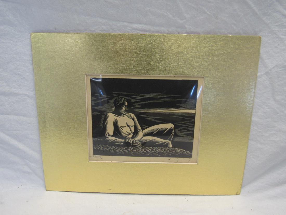 Earl Washington Wood Block Print, Untitled: Earl Washington Wood Block Print, Untitled. Depicts a black man surveying the horizon. Signed lower left corner, artist proof. Matted measures 13.5 x 10.5"