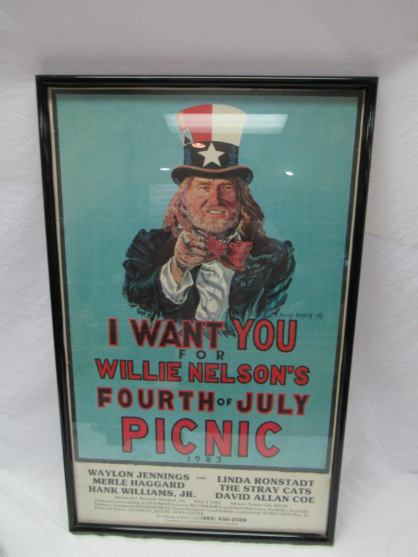 1983 Willie Nelson I WANT YOU Concert Poster: 1983 Willie Nelson I WANT YOU Fourth of July Picnic Concert Poster. Poster for Atlanta International Raceway in Hampton, Ga July 4, 1983. Concert included Waylon Jennings Merle Haggard, Hank Williams,
