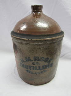 Pre 1907 Rose Distillery Atlanta, GA Whiskey Jug Signed: Pre 1907 Rose Distillery Atlanta, GA Whiskey Jug Signed Charles H. Bird. R.M. Rose Distillery Whiskey Jug Atlanta, GA. Back of Jug C.H. Bird Dalton, GA. Very good condition. One chip as photographed.