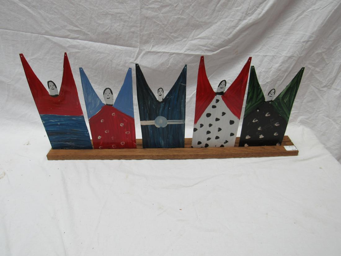 Outsider Folk Artist RA Miller People Praising: Outsider Folk Artist RA Miller People Praising depicts 5 people with arms raised. All people signed by RA Miller. Excellent condition. 33" x 14".