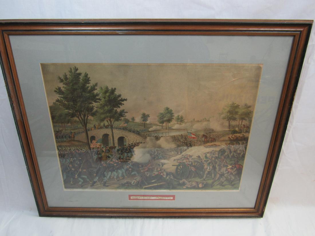 Battle of Antietam, Original 1888 Kurz Allison: Battle of Antietam, Original 1888 Kurz Allison hand colored lithograph. Lithograph in overall good condition with some staining towards the bottom, torn upper right corner, rip in lower left. Framed m