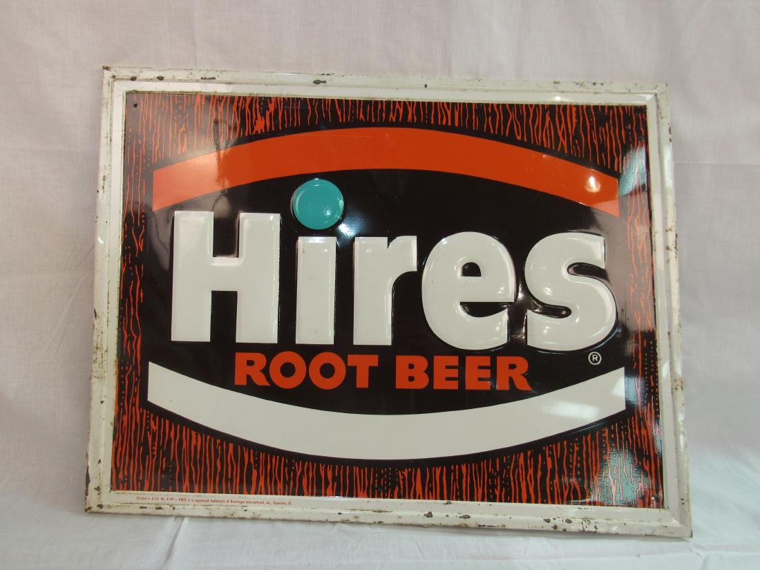 Vintage Hires Root Beer Sign: Vintage Hires Root Beer embosse tin sign. Sign has great colors and in very good condition. Measures 26x20.5"