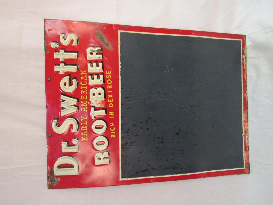 Dr. Swett's Root Beer Chalk Board Sign: Embossed Dr. Swett's Early American Root Beer Rich In Dextrose Chalk Board Sign. Sign in overall good condition with some scratching and rusting as photographed. Measures 16.75 x 23"