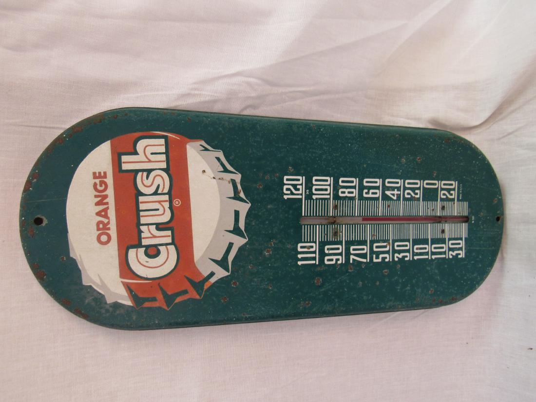 1950's Orange Crush Thermometer: 1950's Orange Crush Thermometer. In overall good condition with some rust as photographed.