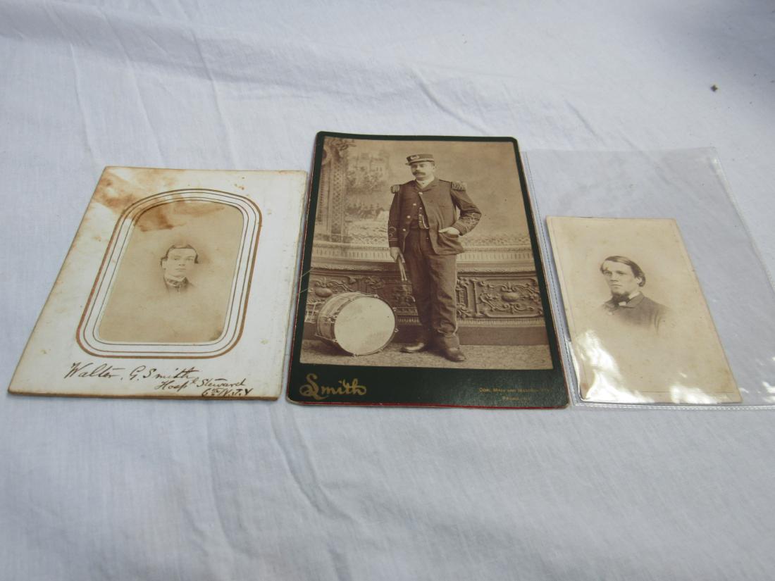Lot of 3 Cabinet Cards & CDV: Lot of 3 Cabinet Card & CDVs. (1) Identified as Walter G. Smith (Hospital Steward), civilian view; (1) CDV unidentified Union Solider; (1) Cabinet Card of post war federal drummer marked Smith Photogr