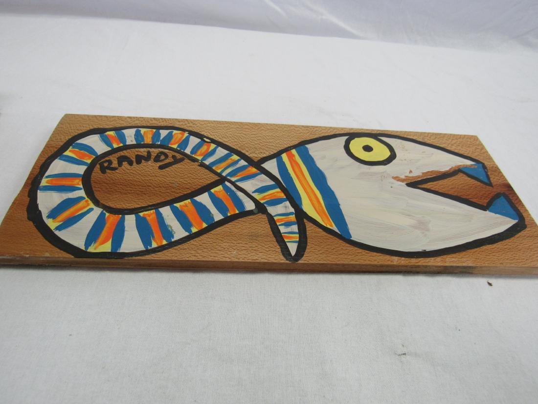 Randy Tobias Folk Art Snake Painting: Painting by self taught North Carolina Folk Artist Randy Tobias. Painting of a white, orange, and blue snake on wood board. Signed upper left on front, back signed lower left. Measures 16x6.8