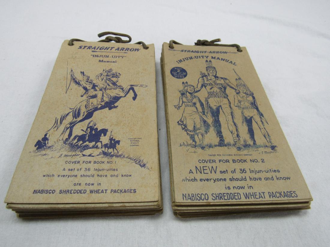 Lot of 2 Straight Arrow Injun-Uity Manuel: Lot of 2 Straight Arrow Injun-Uity Manuel. Put out by Nabisco Shredded Wheat. One 1950, one 1949. Manuel contains how-to and information on Native American way of life. Subjects include leather craft,