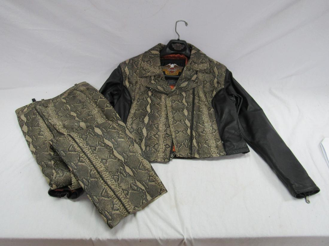 Harley Davidson Leather and Faux Snake Skin Jacket and: Harley Davidson Leather and Faux Snake Skin Jacket and Pants. Jacket size M, pants size 30/2. Body 100% Genuine Leather, Lining 100% polyester.