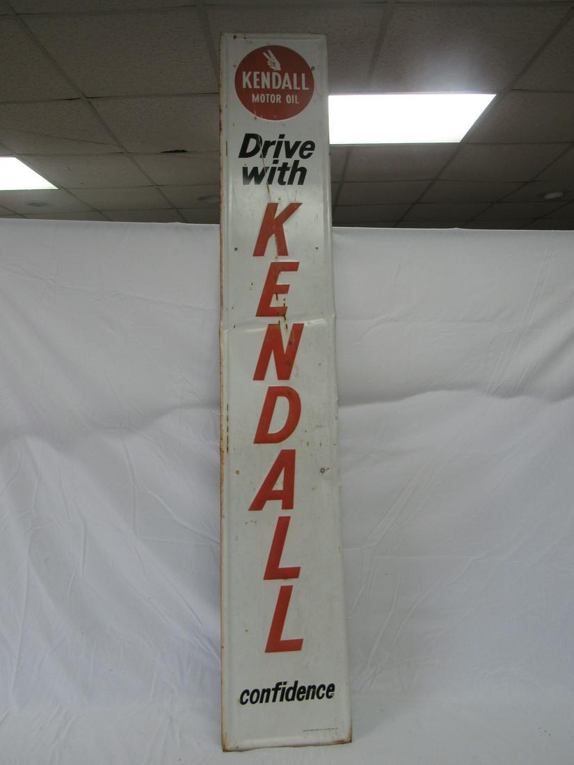 Early Kendall Motor Oil Sign: Early Kendall Motor Oil Sign: Sign Reads Drive With Kendall Confidence Bottom of Sign Reads Grace Sign Mfg. Co. St Louis MO 29 Measures: 72'' x 12''